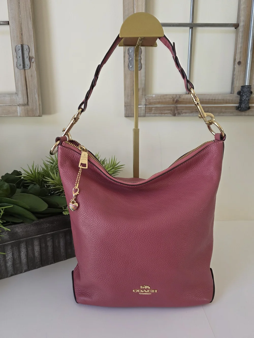 Coach Abby Duffle Shoulder Crossbody Bag Rose Berry Pebbled Leather Heart Charm